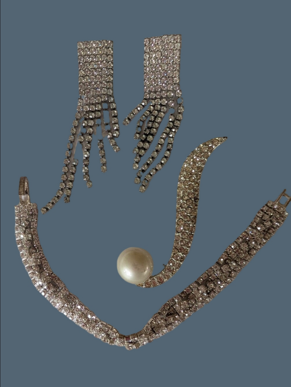 Vintage Fringe Earrings, Bracelet Pearl Brooch (3) Bracelet Set